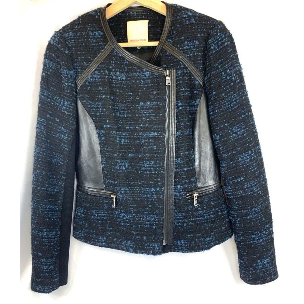 Blue Tweed Zip Up Wool Blend & Leather Pockets Jacket Rebecca Taylor Women's 2